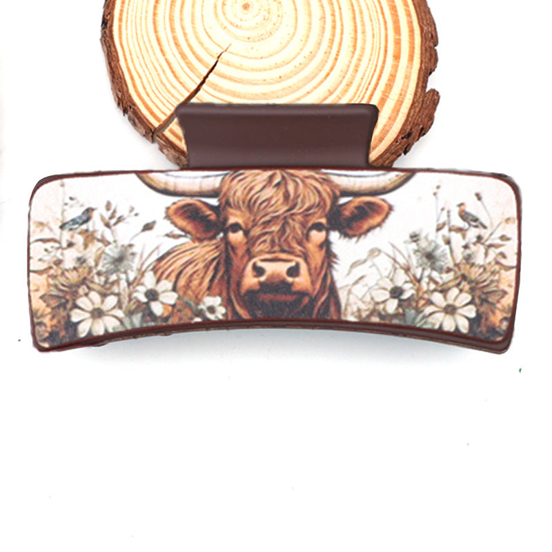 Wholesale Western Cowboy Style Cow Head Flower Pattern PU Leather Hair Clip